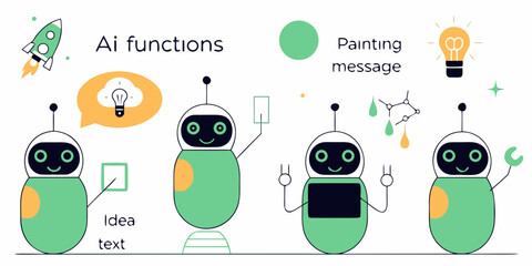 Ai functions illustration with robots ideas painting and messages in flat design