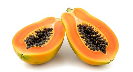 Fresh Papaya Halves with Black Seeds on White Background.