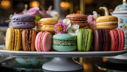 Macarons in a French inspired dessert arrangement, visually appealing display of sweet treats perfect for indulgent concepts or adding je ne sais quoi to visual content, suitable for use as