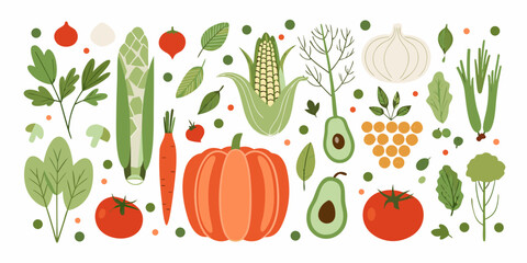 Flat vector illustration of various fresh vegetables on a white background