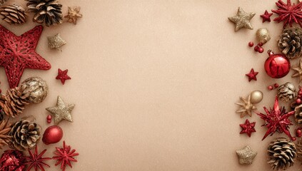 A decorative flat lay frame featuring a variety of Christmas ornaments and natural elements along the top and bottom edges, set against a neutral beige background.
