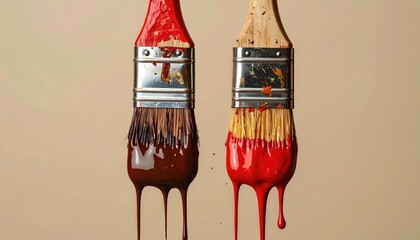 Two paintbrushes, red and brown, dripping