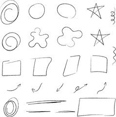 Hand-drawn shapes, arrows and doodles isolated on white background. Vector illustration