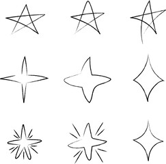 Hand-drawn stars and sparkle set isolated on white background. Vector illustration