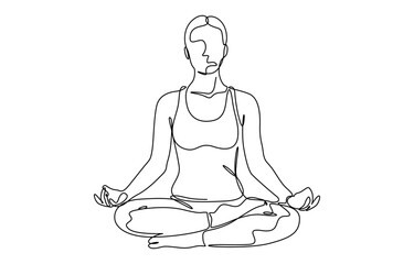 Continuous one line drawing of Woman sitting in lotus pose yoga vector illustration. Isolated on transparent background