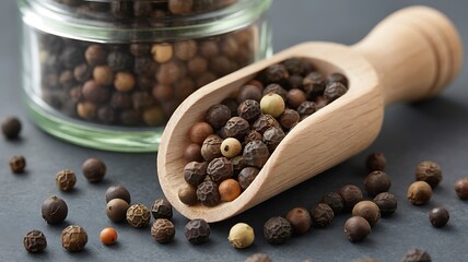 Peppercorn mix in wooden scoop