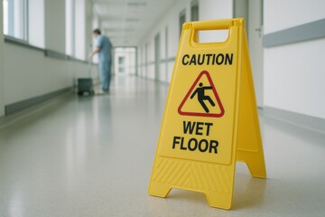 Caution sign indicating wet floor in a healthcare facility with a worker cleaning, emphasizing safety, maintenance, and hygiene in public spaces.