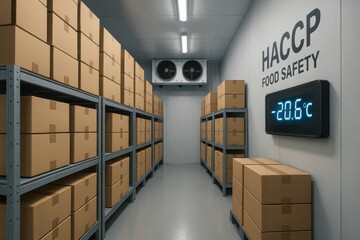 Cold storage room for food safety, showcasing HACCP standards with monitored temperature for proper food preservation. Concept of hygiene, efficiency, and quality control in food industry.