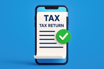 Smartphone displaying digital tax return form with a confirmation checkmark. Concept of online tax filing, convenience, and modern finance management.