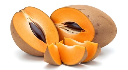 Fresh Sapodilla Fruit Halved and Sliced on White Background.