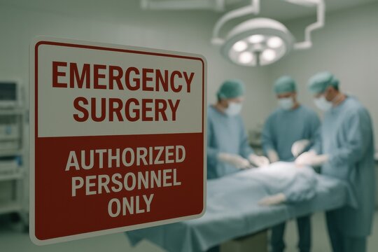 Surgeons performing emergency surgery in a sterile operating room, emphasizing teamwork, precision, and the critical nature of medical interventions. Concept of healthcare and urgency in patient care.