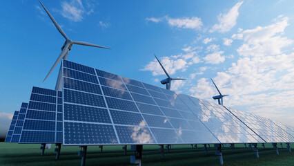 Solar panel and wind turbine farm clean energy © William