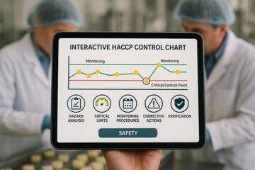 Food safety professionals reviewing interactive HACCP control chart on tablet, ensuring monitoring and compliance in food production. Concept of quality assurance and hazard analysis.