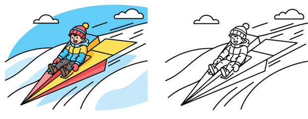 Happy boy flying on giant paper airplane in blue sky vector illustration with black and white coloring page outline