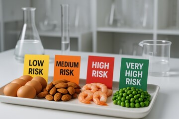 Food items categorized by allergenic risk levels, showcasing low, medium, high, and very high risks. Concept of food safety, dietary awareness, and health education.