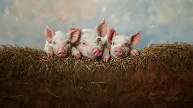 A realistic painting of three young pigs resting on a hay bale. The style is detailed and lifelike, with a focus on capturing the essence of the scene rather than intricate realism.