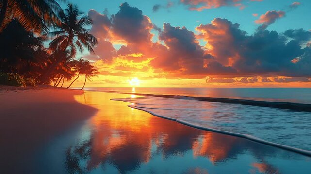 Tropical beach sunset with dramatic orange and blue sky reflected on wet sand and calm ocean waves at dusk