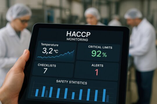 HACCP monitoring system displayed on a tablet showing temperature and safety statistics in a food processing facility. Concept of food safety, compliance, and technology integration.