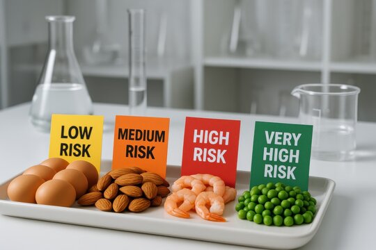 Food items categorized by allergenic risk levels, showcasing low, medium, high, and very high risks. Concept of food safety, dietary awareness, and health education.