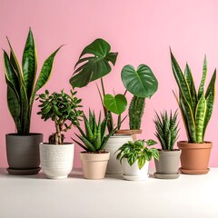 Fototapeta premium Assortment of potted green plants, set against a vibrant pink backdrop