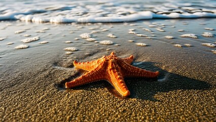 An orange starfish lies on wet sandy beach as gentle ocean waves reach the shoreline under warm natural light.