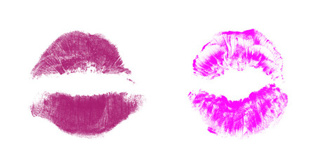 Two magenta lipstick kiss marks isolated on transparent background