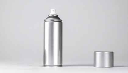 スプレー缶, メタル缶, 銀色, シルバー, ミニマル, クリーン, プロダクト写真, 物撮り, クローズアップ, リアル, シンプル背景, 無地背景, 日用品, 容器, コスメ容器, ヘアスプレー, デオドラント, モックアップ, パッケージ, デザイン素材, 光沢, アルミ缶, キャップ, 外されたキャップ, シンプル構図, 中央配置, 工業製品, 広告素材