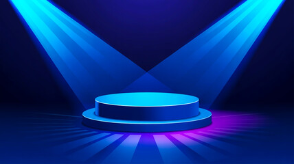 3D circular podium glowing under intense blue spotlights on dark background