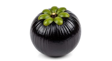 Glossy Black Fruit with Green Sepals Isolated.
