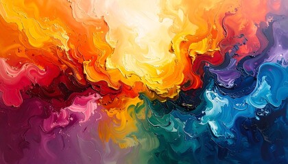 Vivid, swirling blend of warm & cool hues creating abstract waves of color & texture, light central focus