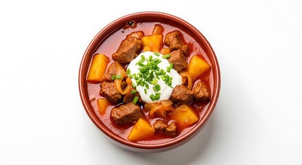 Hearty Beef Goulash with Potatoes and Sour Cream.