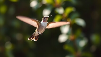 hummingbird. Hummingbird hovering mid-air with motion-blurred wings against foliage. wildlife magazines, conservation campaigns, designed for nature documentaries and education.