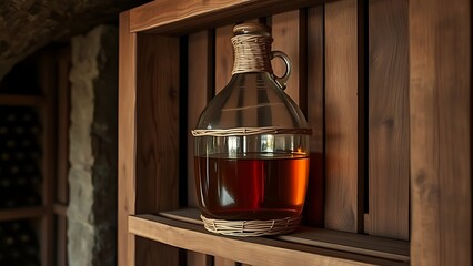 carboy. Large glass carboy with wicker wrapping on a wooden shelf, amber liquid inside in a rustic cellar. bar promotions, beverage menus, designed for food & beverage menus and cafe branding.