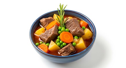 Hearty Beef Stew with Vegetables and Rosemary Garnish.