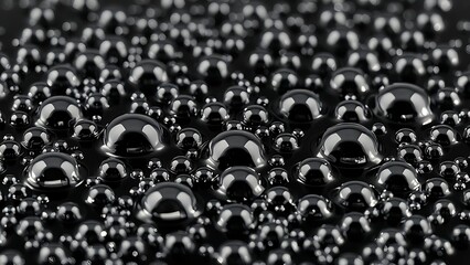 globules. Liquid mercury droplets rolling on a black surface, forming shimmering spheres. STEM education sheets, lab safety posters, designed for STEM education and laboratory safety posters.