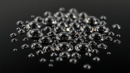 globules. Liquid mercury droplets rolling on a black surface, forming shimmering spheres. STEM education sheets, lab safety posters, designed for STEM education and laboratory safety posters.