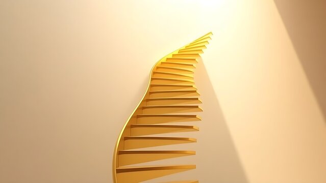 widening. A golden spiral staircase ascending upwards, steps gradually widening in soft morning light. real-estate listings.