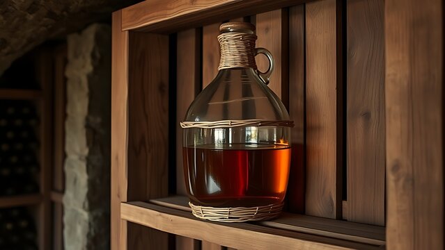 carboy. Large glass carboy with wicker wrapping on a wooden shelf, amber liquid inside in a rustic cellar. bar promotions, beverage menus, designed for food & beverage menus and cafe branding.