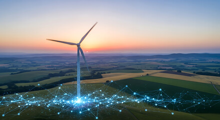 Wind turbine powers data network, sustainable energy solution at sunset