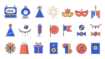 A vibrant collection of colorful line icons for the 2026 New Year celebration, featuring festive party elements like fireworks, gifts, and masks for holiday design