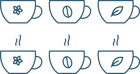 Set of cups of flower and herbal tea and coffee . Outline vector icons.