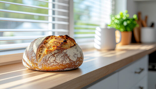 Freshly baked bread sits on a wooden countertop near a window with sunlight shining through blinds.