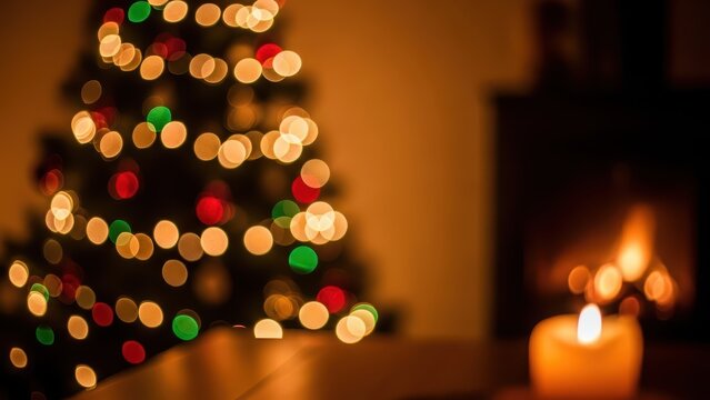 Christmas tree lights and candle bokeh background