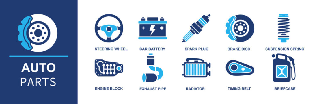 Auto parts icon set. Containing steering wheel, battery, spark plug, brake disc, suspension spring, engine block, exhaust pipe, radiator, timing belt, fuel can, alternator and more. Solid vector icons