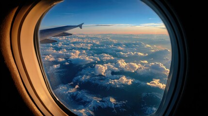 Flying over mountains clouds sunset through airplane window