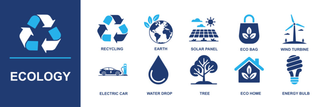 Ecology icon set. Containing recycling, earth, solar panel, eco bag, wind turbine, electric car, water drop, trees, eco home and energy bulb for green projects, campaigns and more. Solid vector icons