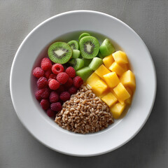 Colorful nutrition plate with kiwi, apple, mango, raspberry, and whole grain on white dish, healthy and fresh meal