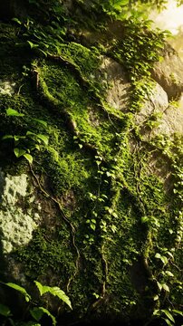 Cinematic time-lapse of lush green moss and vines slowly growing and expanding across a rough, ancient stone surface vegetation, lush green moss, unfurling