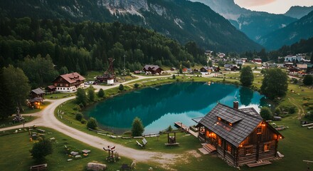 Aerial view of a lakeside village nestled between mountains and trees at dusk