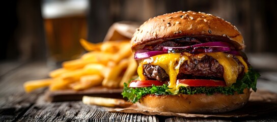 A juicy cheeseburger with melted cheddar, fresh lettuce, tomato, and red onion in a sesame bun. Crispy fries in the background create a rich, appetizing and rustic food 